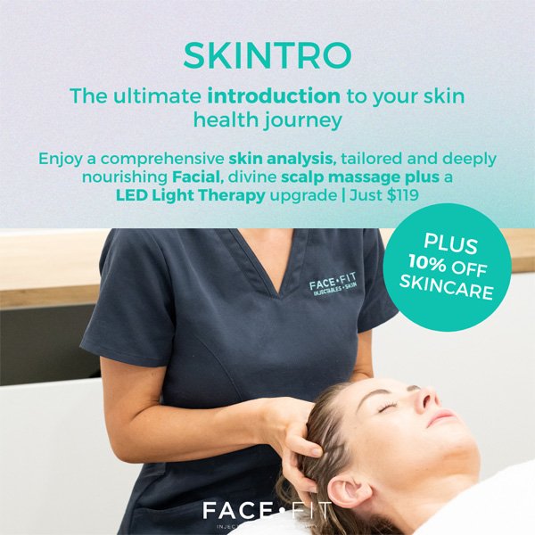 Face Fit Dermal therapist giving skintro facial to young woman plus details listed of the promotion