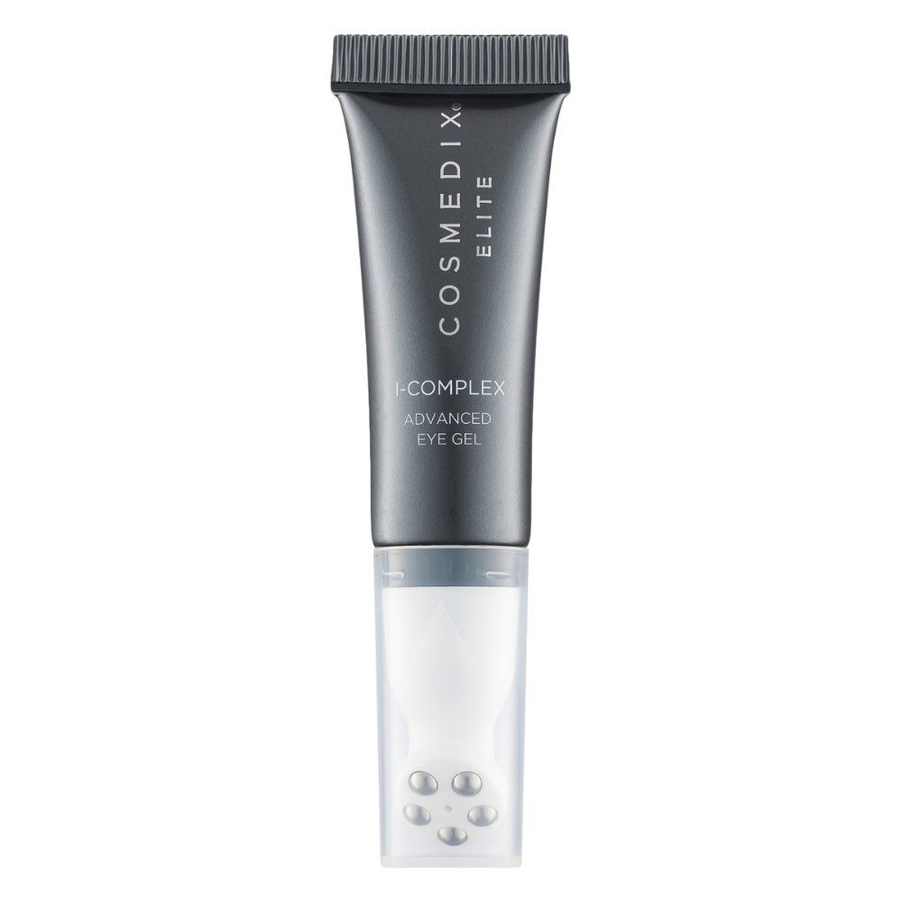 a black tube with white text showing the cosmedix elite i-complex serum packaging