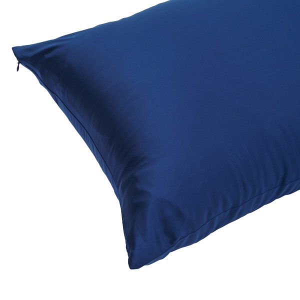 close up of lunalux midnight blue silk pillowcase