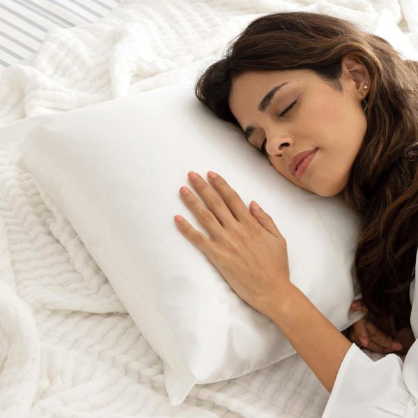 lunalux white silk pillowcase women sleeping lifestyle shot